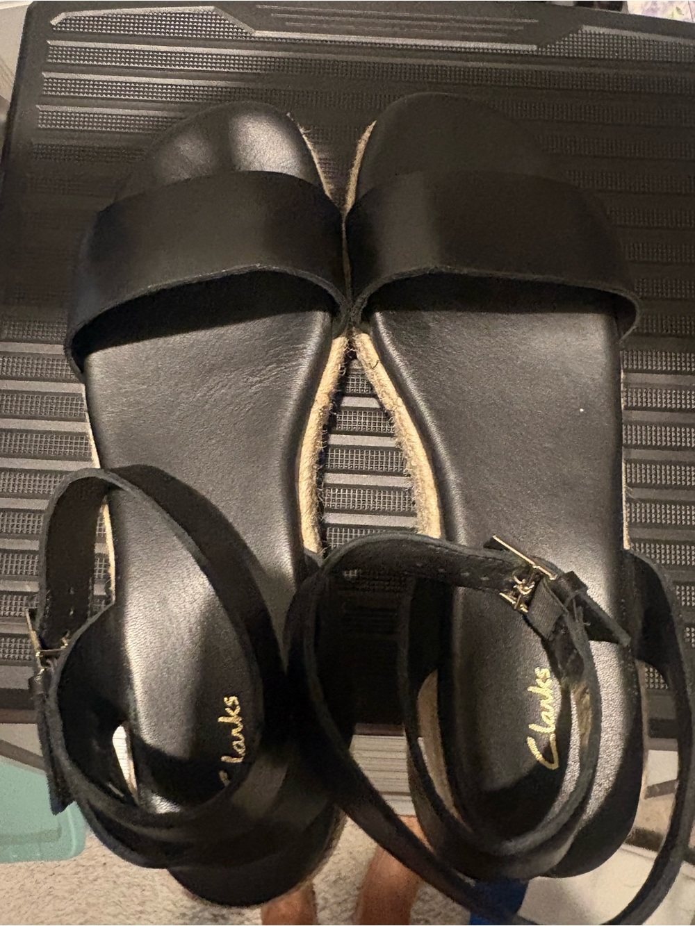 Clarks Black Leather Espadrille-Style Ankle Strap Sandals
